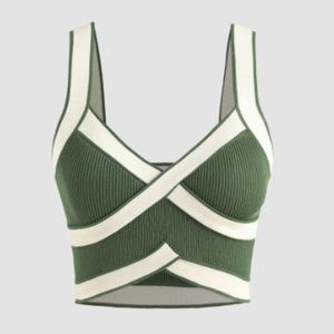 Cider Women's Green and White Rib Contrasting Cross Tank Top, M